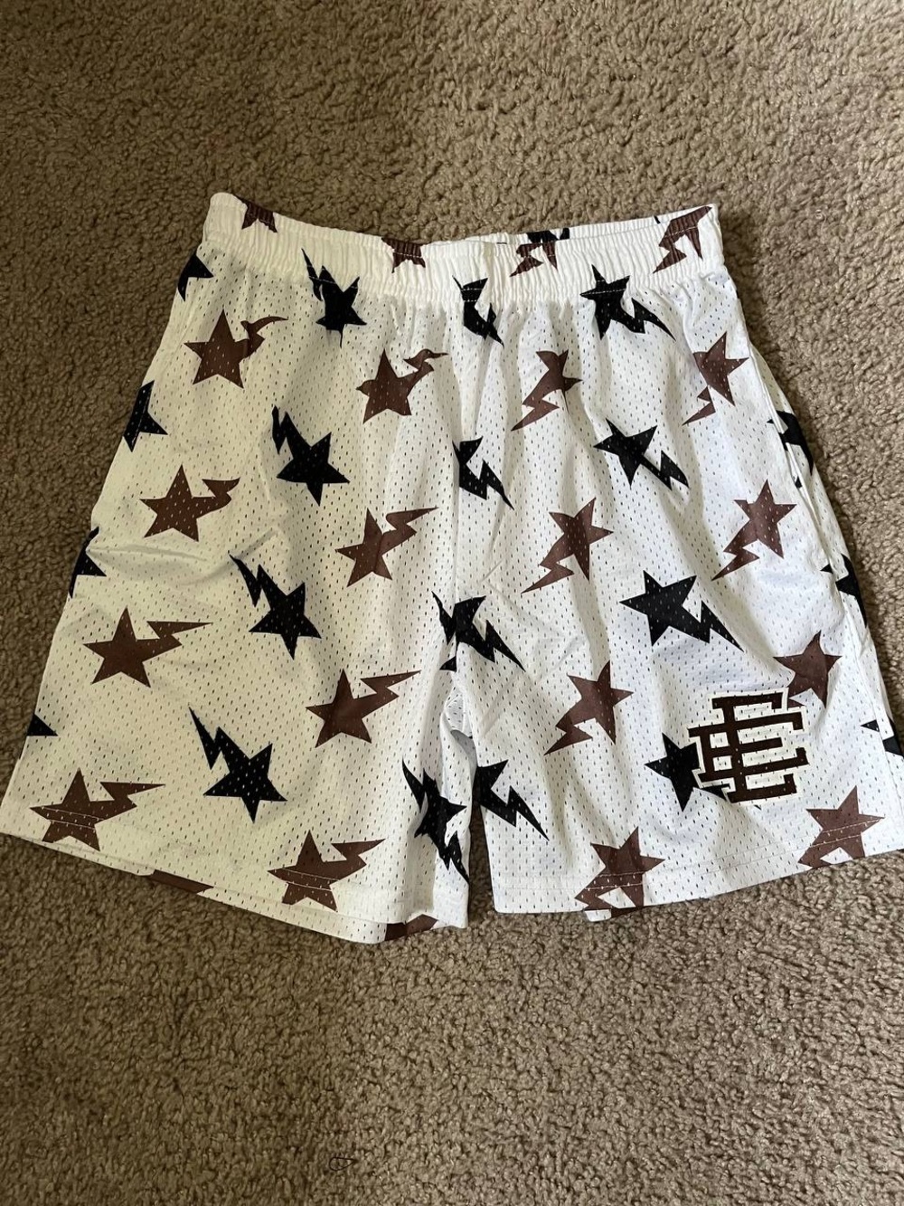 Eric Emanuel White Athletic Shorts with Brown and Black Star & Lightning Print